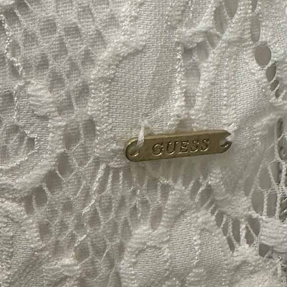 GUESS Y2K Cloud White Stretch Floral Lace Button Blouse Office Career Coquette - Picture 6 of 10
